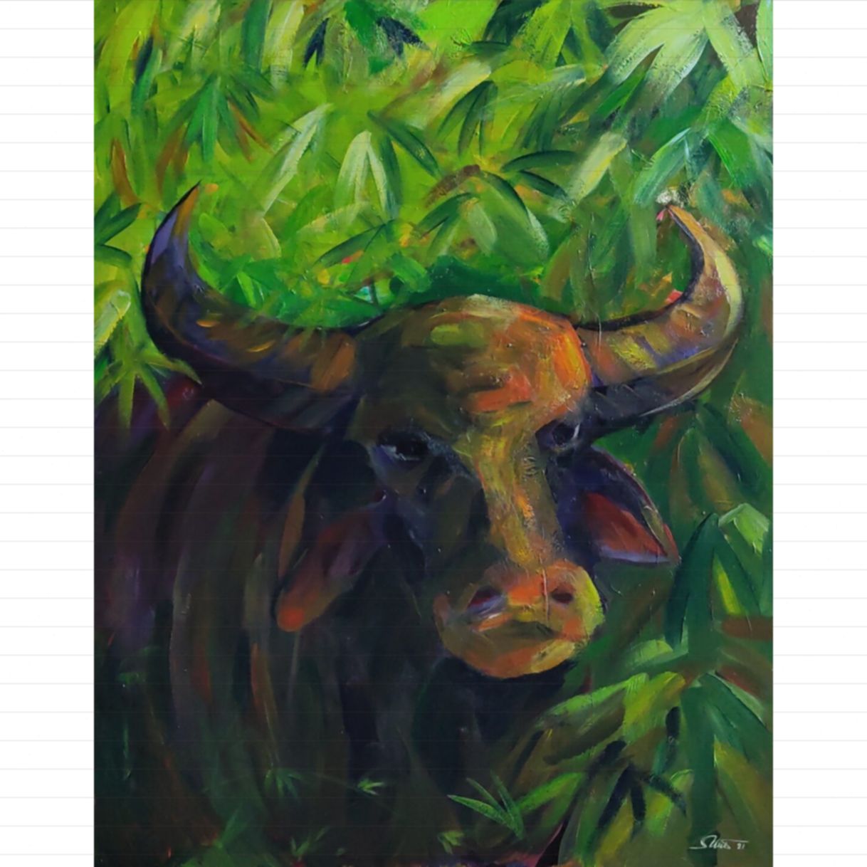 Tranh Acrylic Ngọc Cường Ngưu Đại Cát 65x80cm Trang Trí 