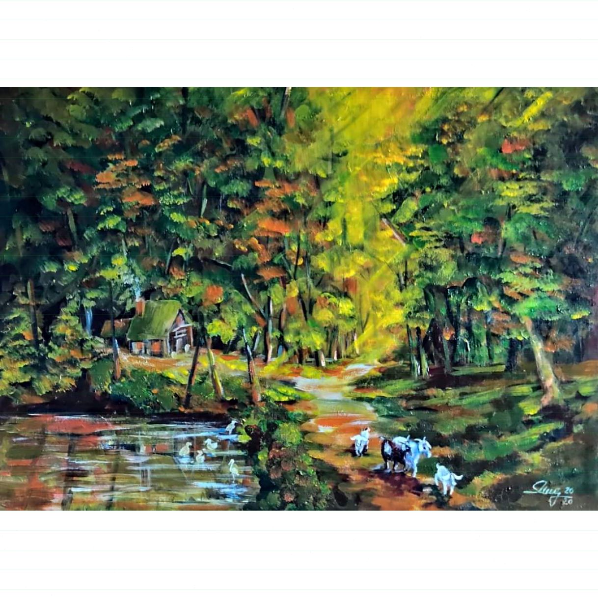 Tranh ngọc cường sớm mùa thu acrylic 50x70cm nghệ thuật độc bản 