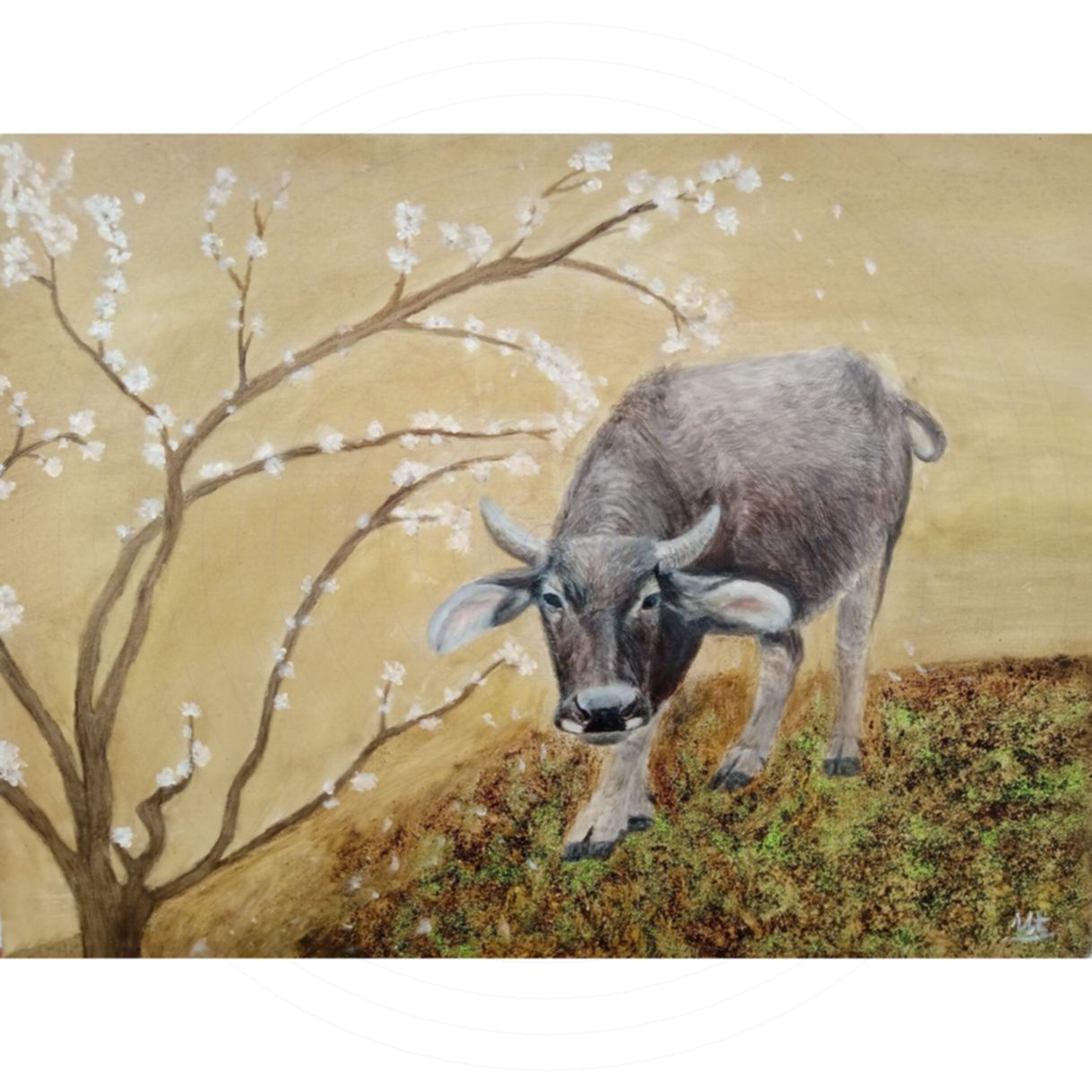Tranh Nghệ Thuật Đón Xuân Tân Sửu 2 Acrylic Cà Phê Kim Tuyến 