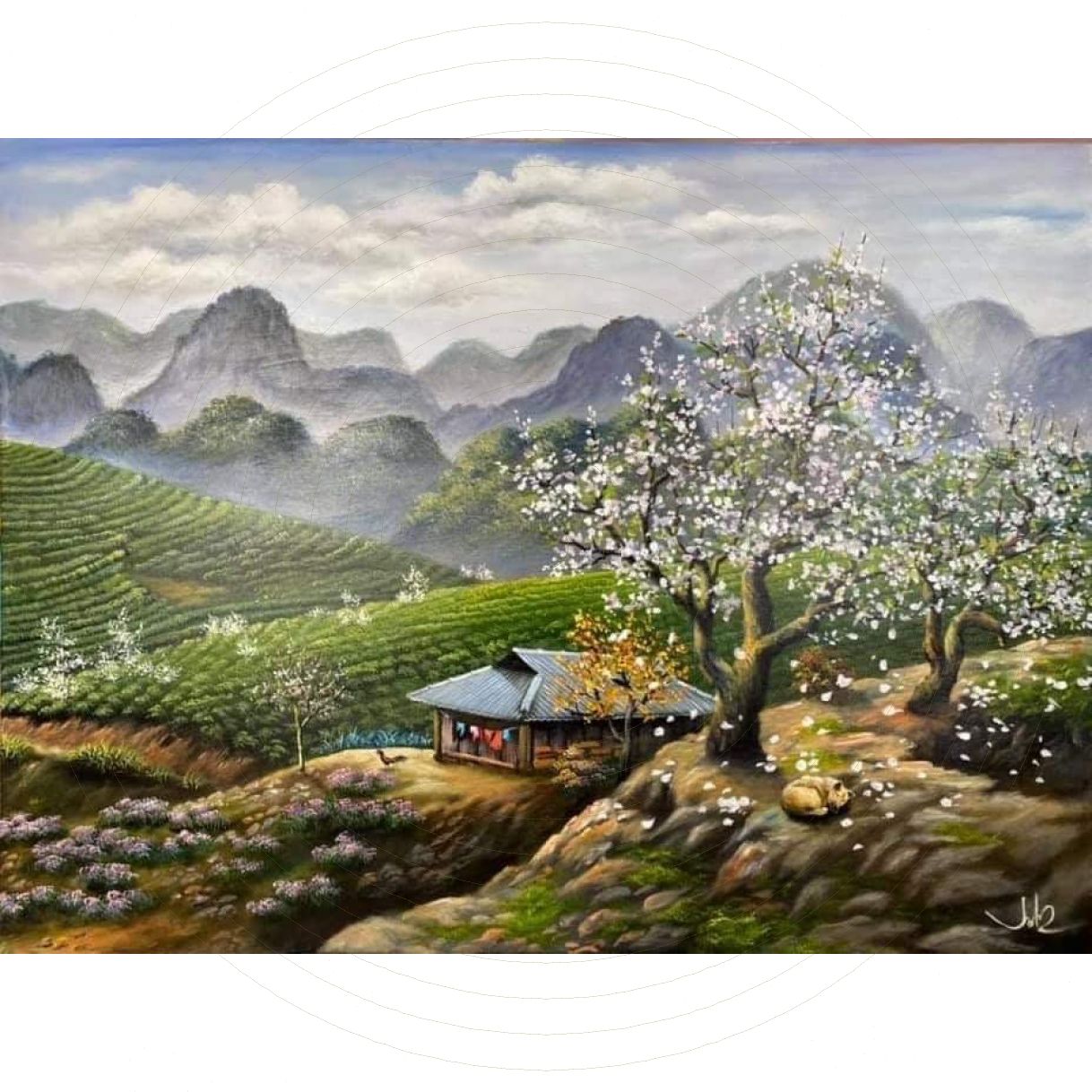 Tranh Hoa Ban Trên Đồi Chè Acrylic 90x120cm Sang Trọng 