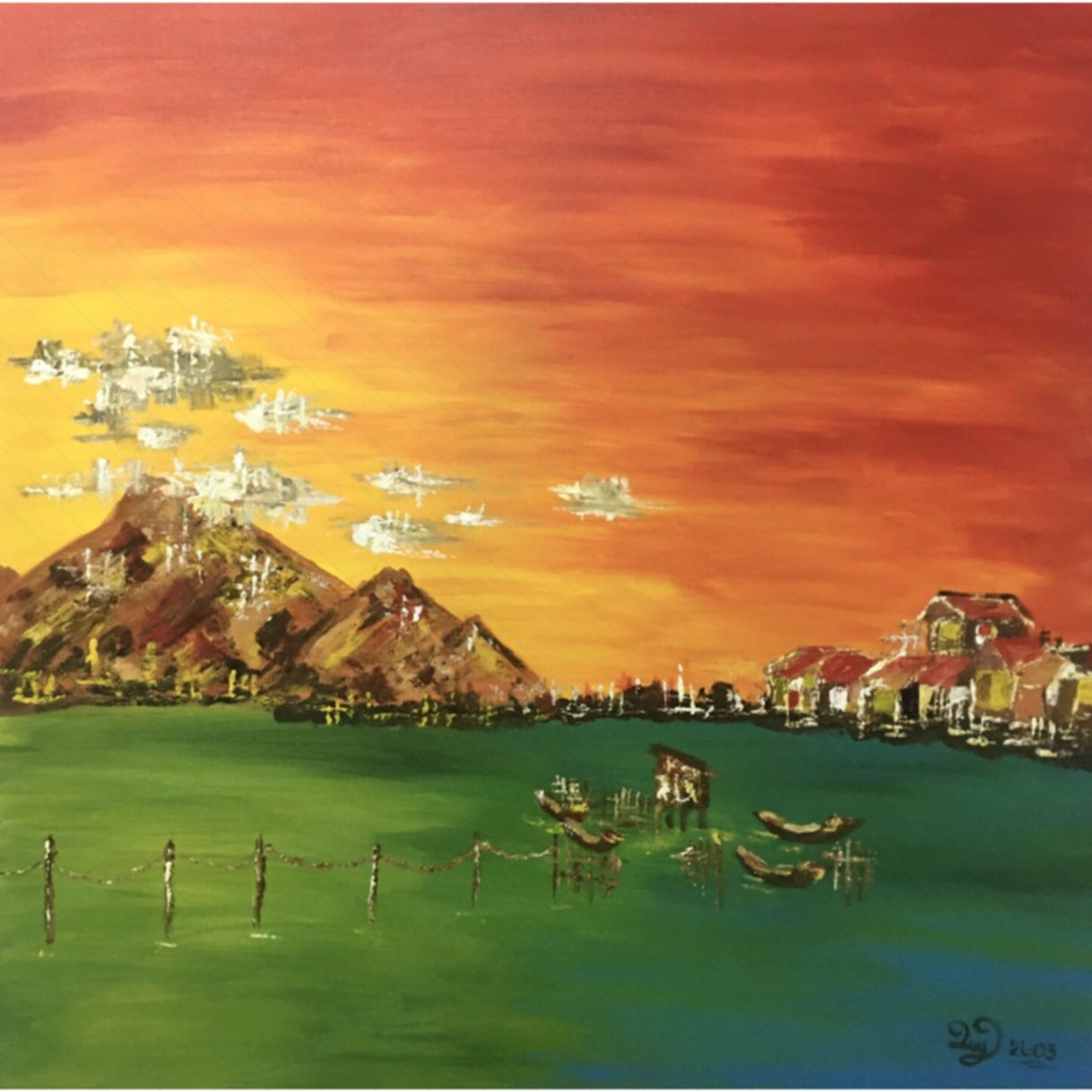 Tranh Nghệ Thuật Hoàng Hôn Trên Đầm Acrylic 70x70cm 
