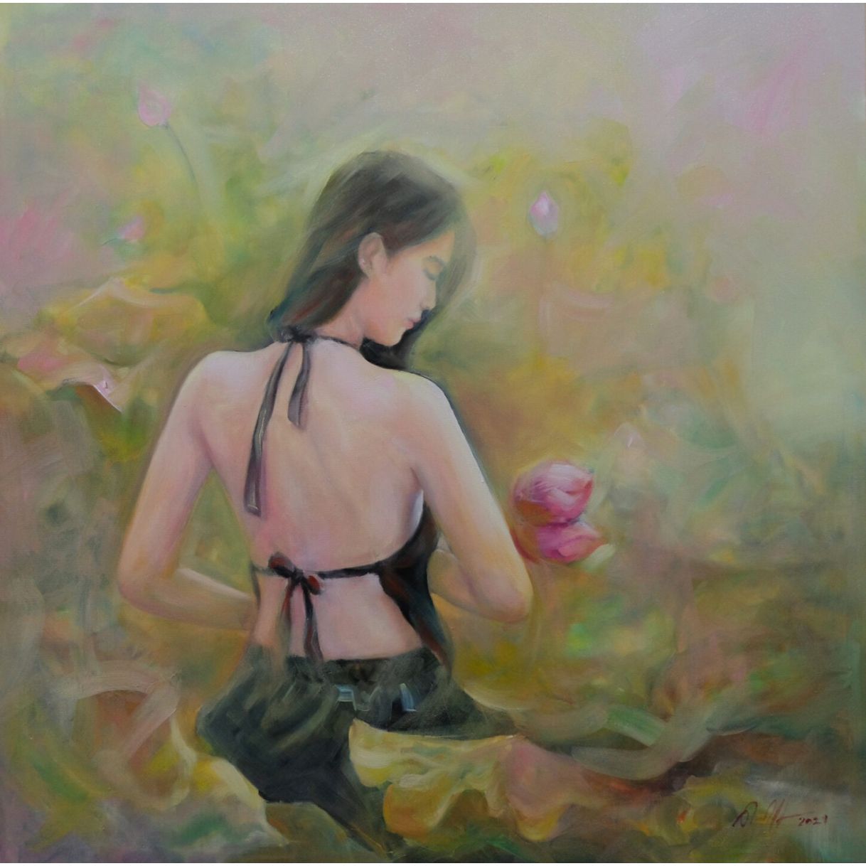 Tranh Nghệ Thuật Dáng Sen Sơn Dầu Trên Vải 60x60cm Tinh Tế 