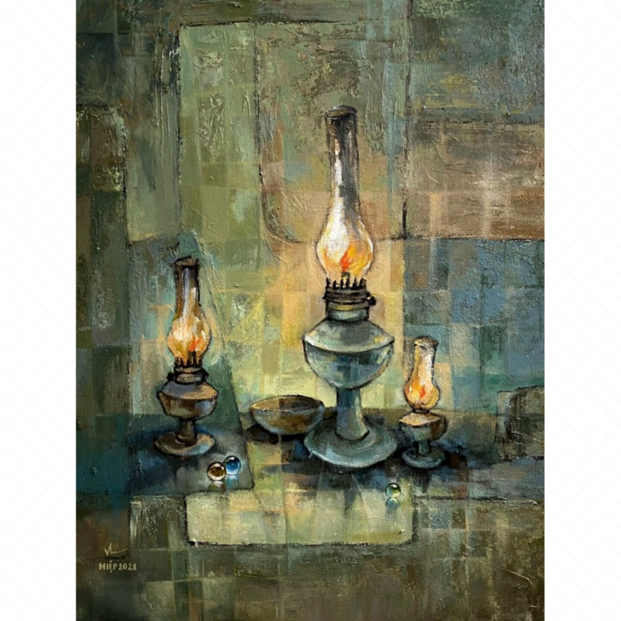 Tranh Sơn Dầu Ngọn Đèn Dầu Acrylic Họa Sĩ Độc Bản 54x71cm 