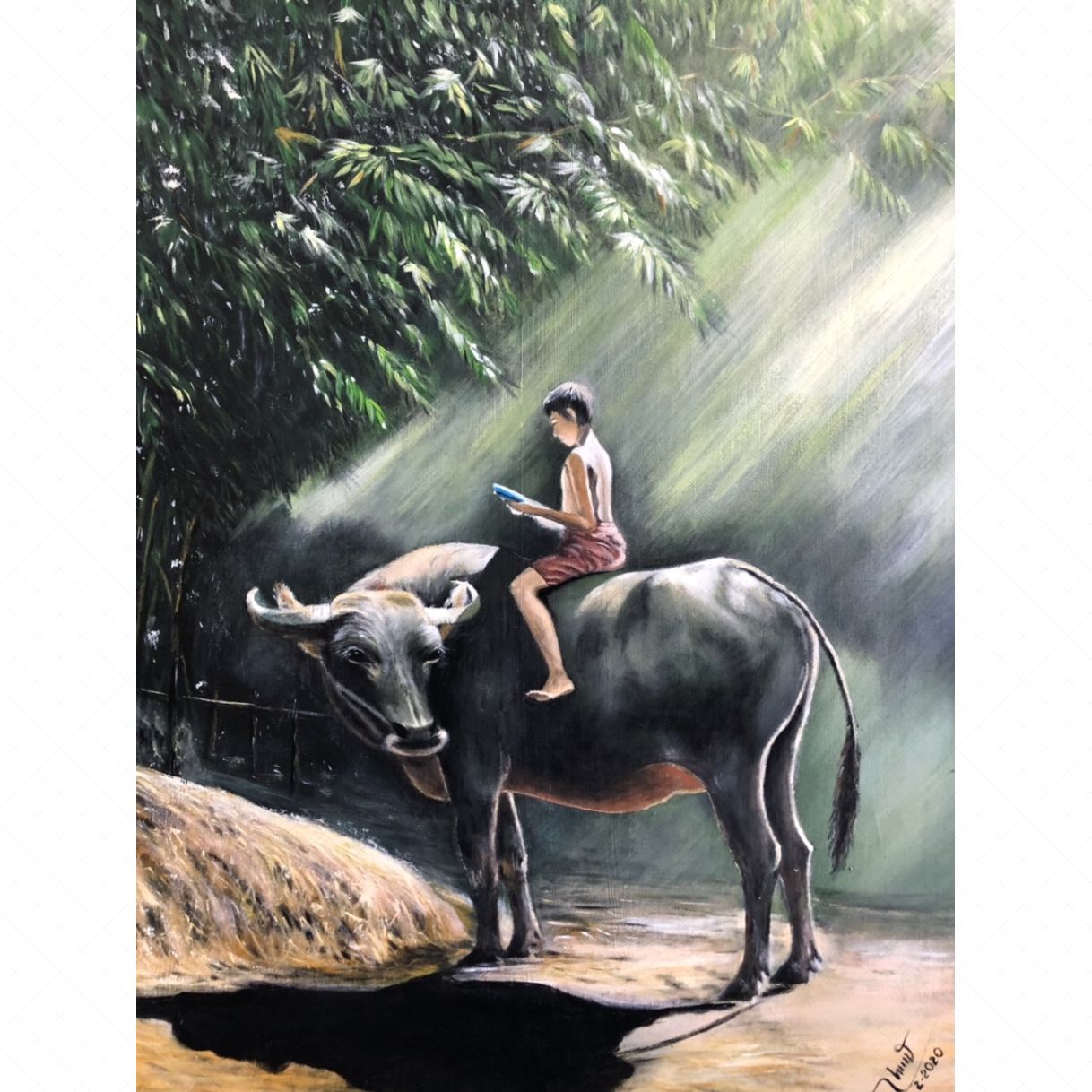 Tranh Phong Cảnh Tuổi Thơ Acrylic 60x80cm Độc Bản Có Khung 
