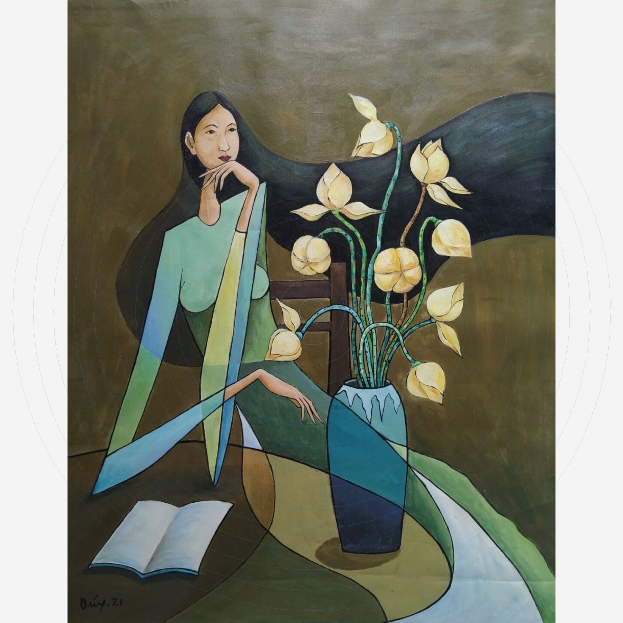 Tranh thiếu nữ acrylic 65x80cm sáng tác độc bản có giấy tác quyền 