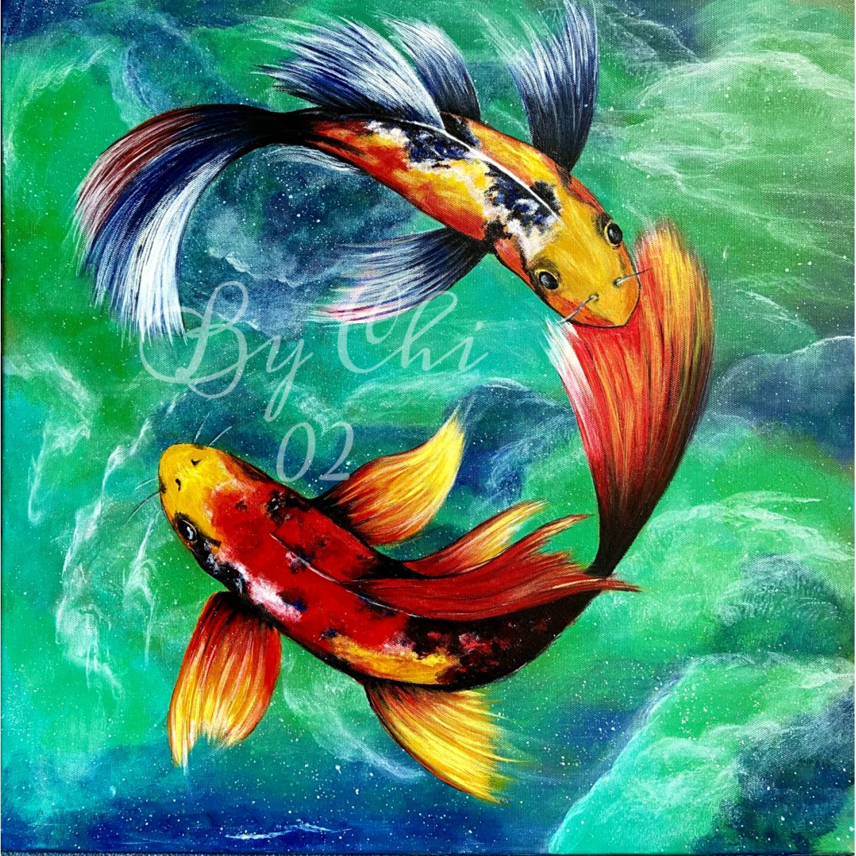 Tranh nghệ thuật vũ điệu song ngư acrylic 60x60cm độc đáo 