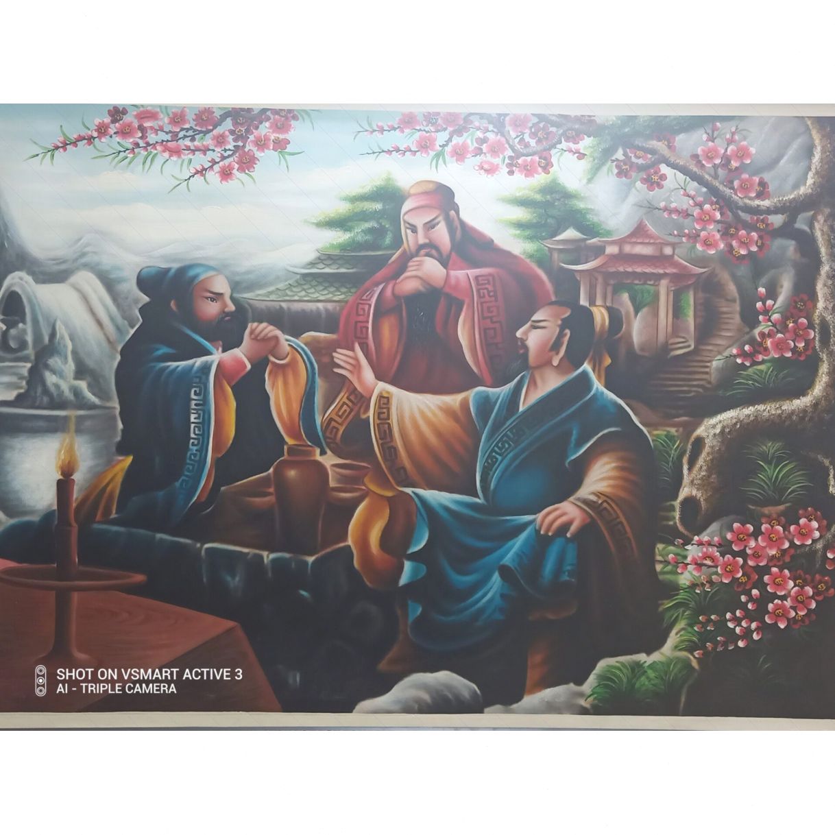 Tranh Sơn Dầu Kết Nghĩa Vườn Đào Sắc Màu Nổi Bật Trang Trí Phòng Khách 