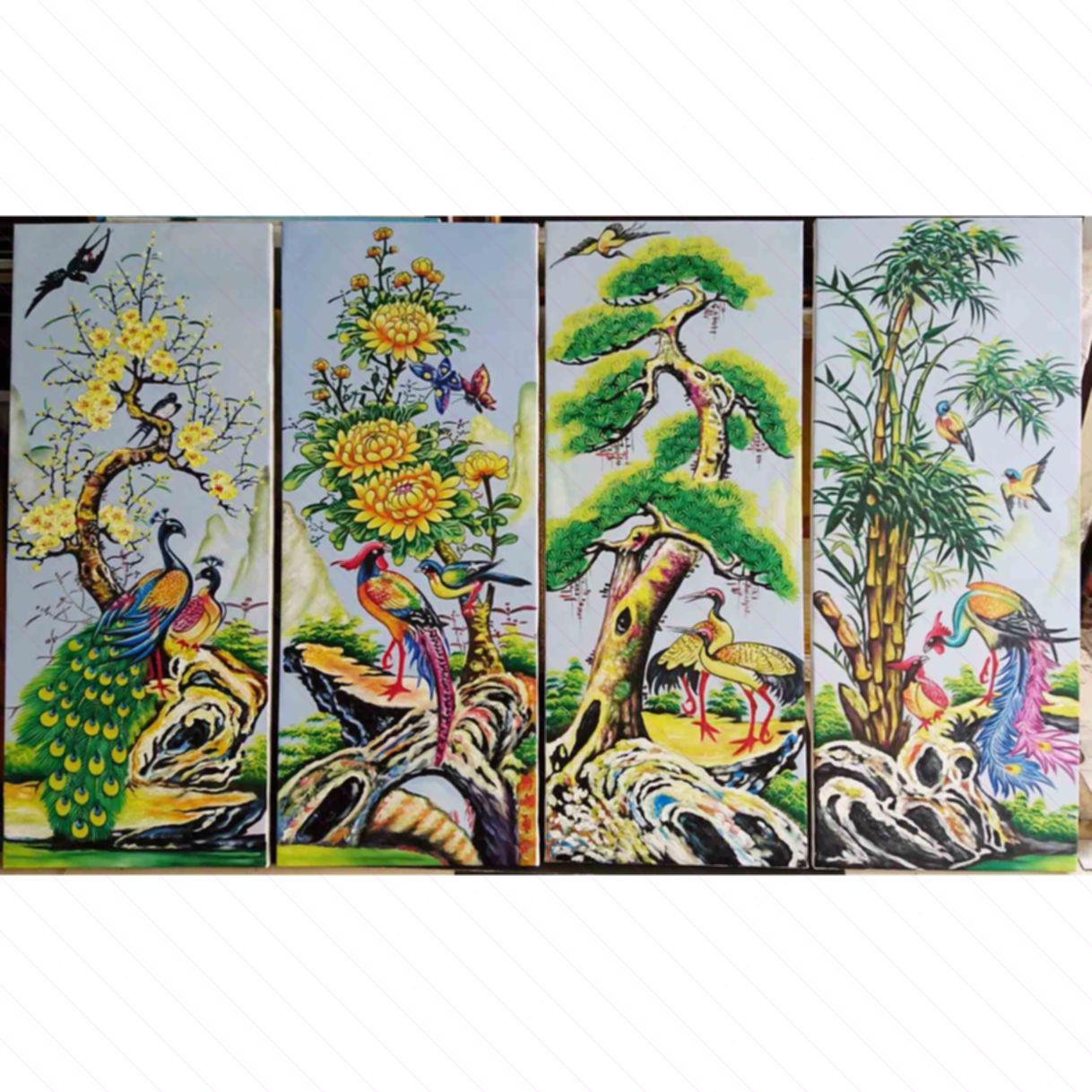 Tranh Bộ Mai Lan Cúc Trúc Sơn Dầu Canvas 250cm Khung Hàn Quốc 
