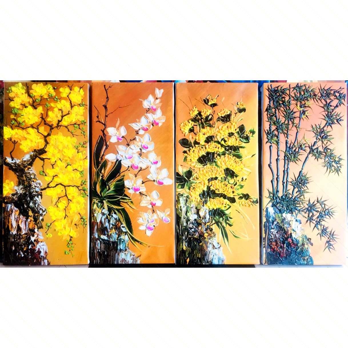 Tranh Bộ Mai Lan Cúc Trúc Sơn Dầu Canvas Khung Gỗ 160cm 