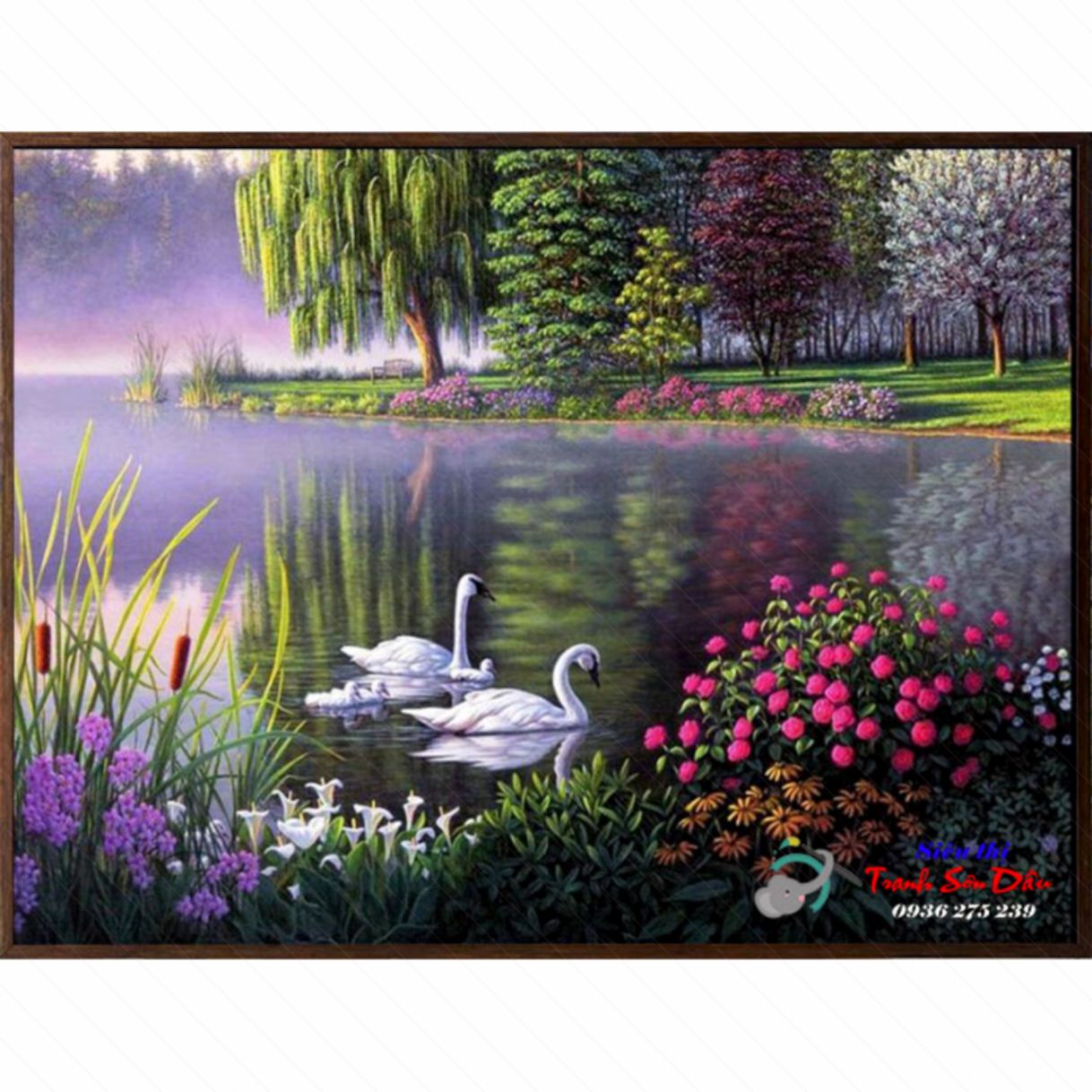 Tranh sơn dầu đôi ngỗng đang bơi canvas khung gỗ cao cấp 