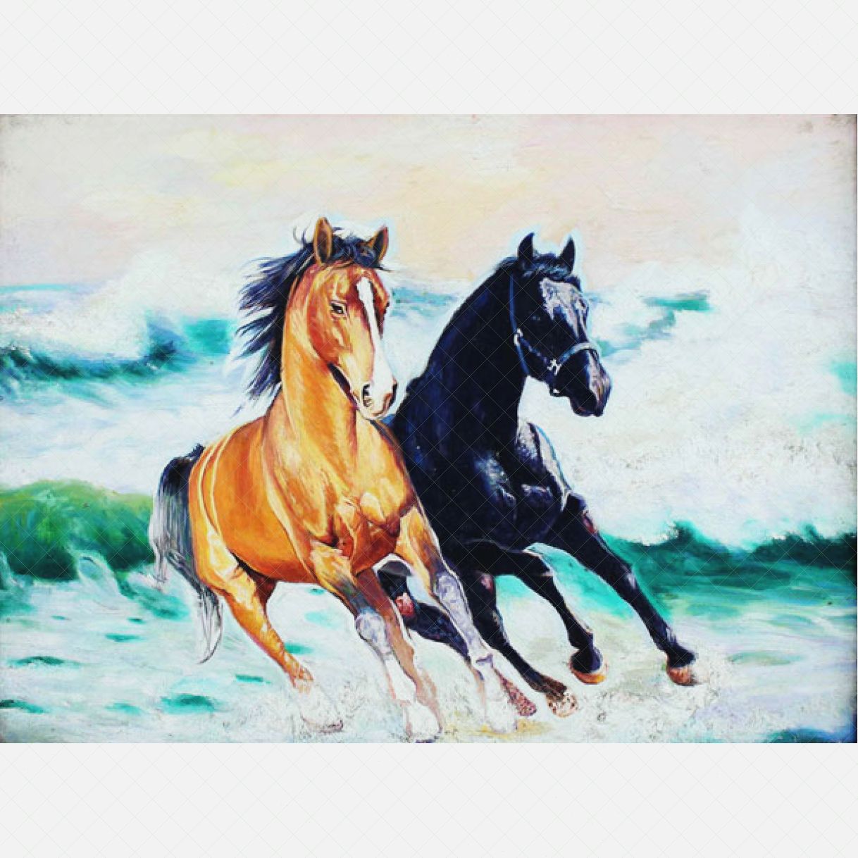 Tranh Sơn Dầu Song Mã Phong Thủy Minh Hưng 150x80cm 