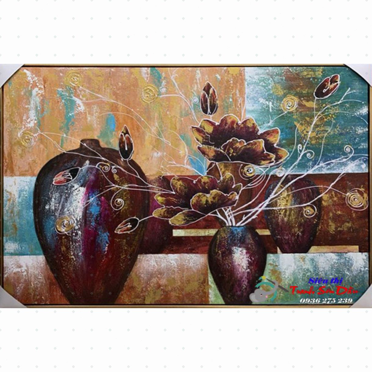 Tranh Lọ Hoa Hiện Đại Sơn Dầu 90x60cm Handmade Độc Đáo 