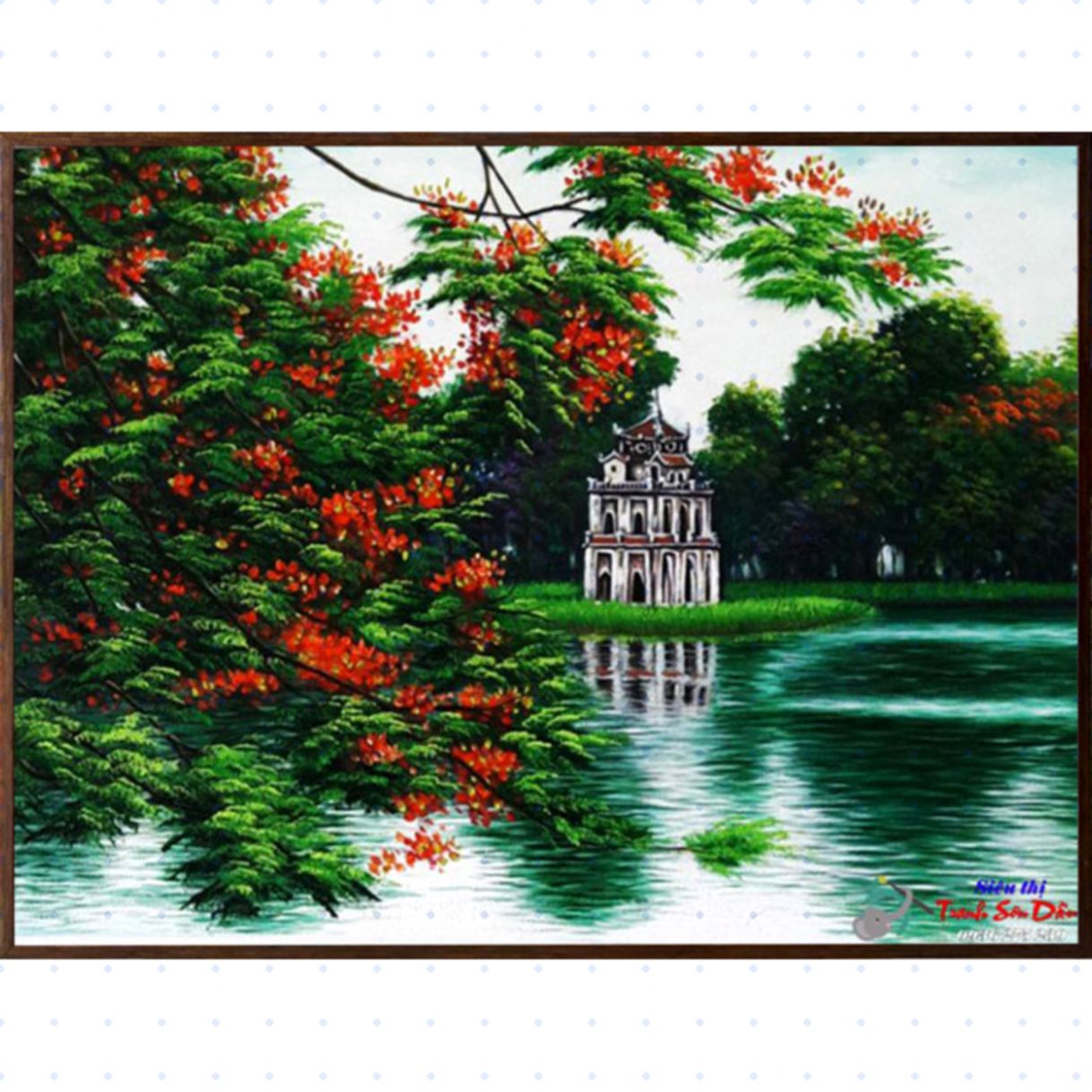 Tranh sơn dầu hồ Hoàng Kiếm canvas tranh tay vẽ khung composite Hàn Quốc 