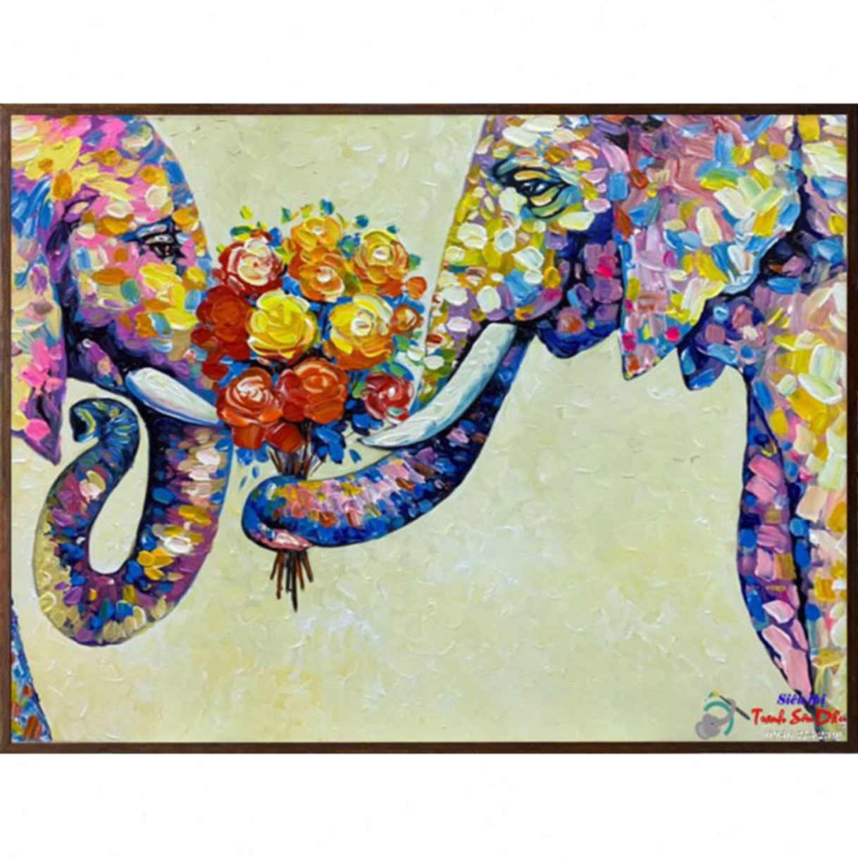 Tranh Đôi Voi Sơn Dầu Tay Vẽ Canvas Độc Bản 