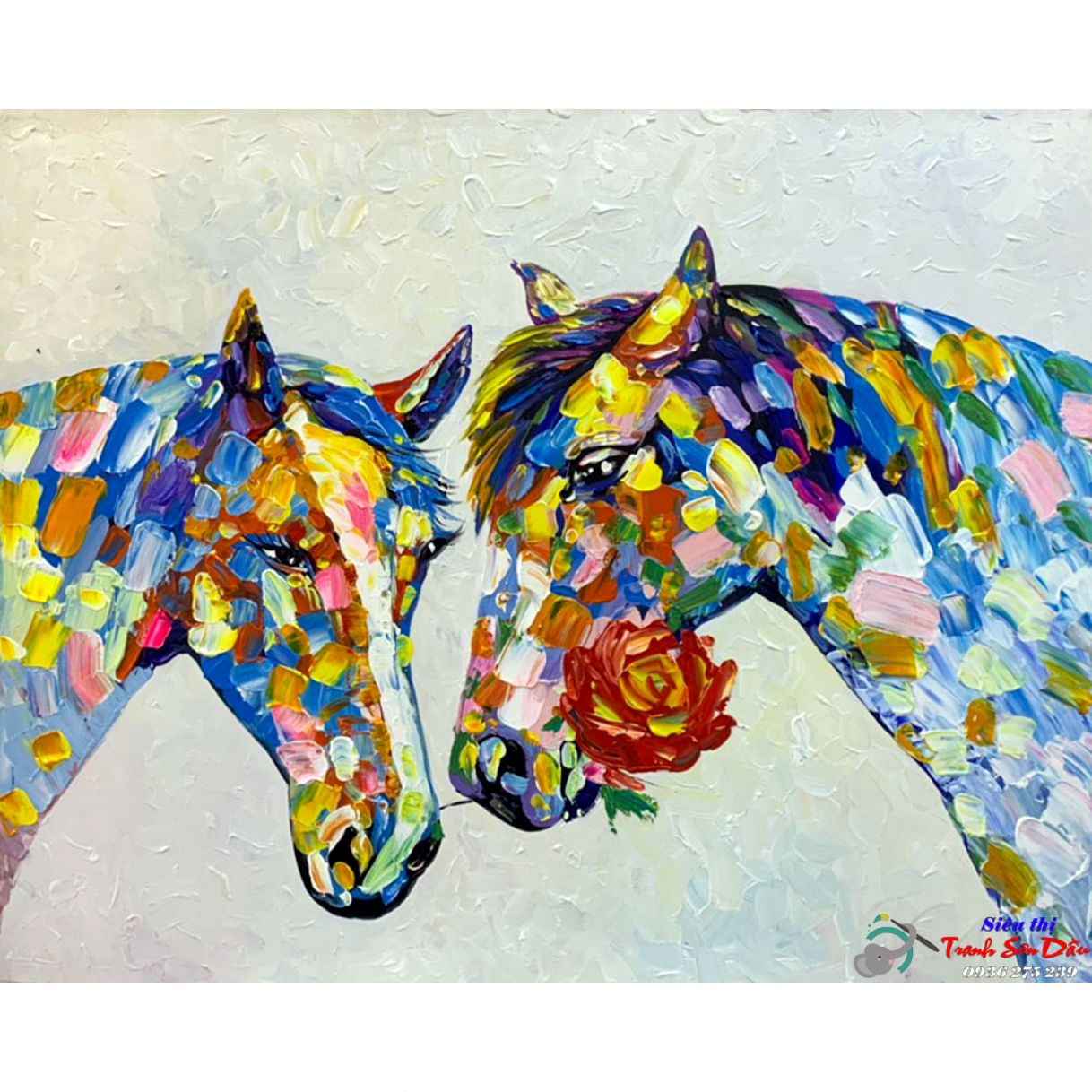 Tranh Sơn Dầu Đôi Ngựa Vẽ Tay Canvas Khung Composite Chất Lượng 
