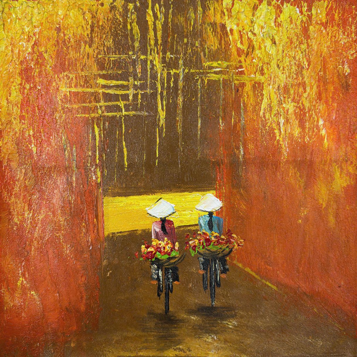 Tranh Sơn Dầu Phố Cổ Mùa Hoa Canvas Khung Composite 33cm 
