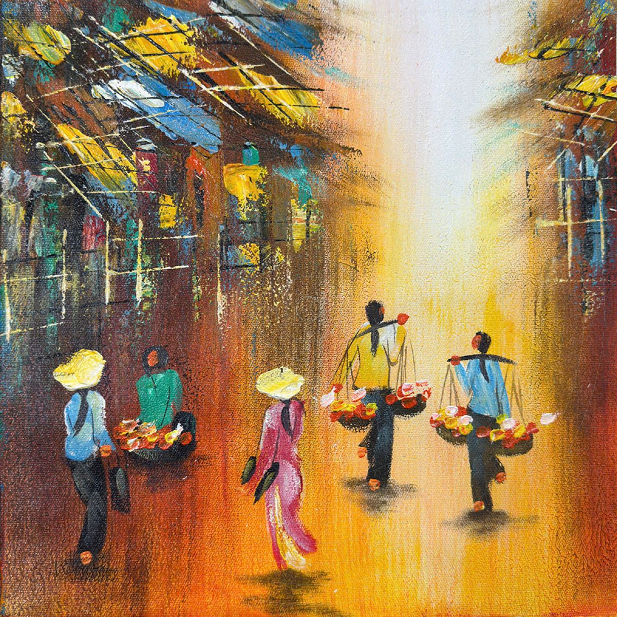 Tranh Sơn Dầu Nắng Sớm Chợ Quê Vẽ Tay Canvas Khung Gỗ 