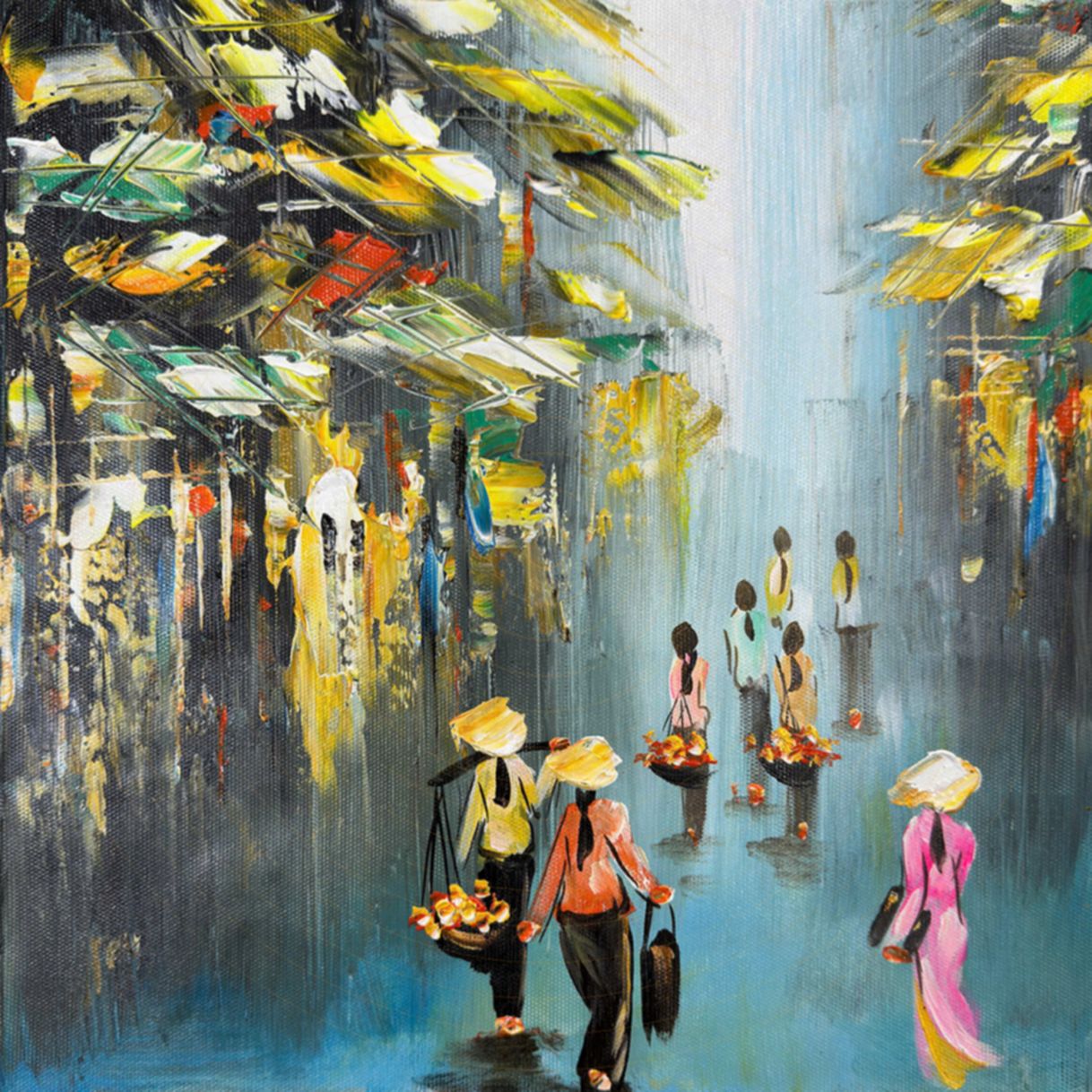 Tranh Sơn Dầu Chợ Quê Gánh Hoa Canvas Độc Bản 