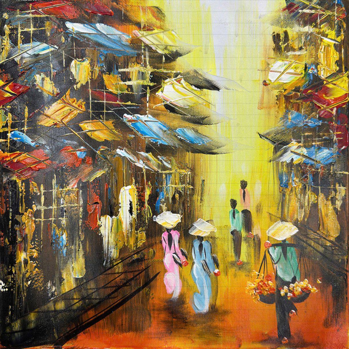 Tranh Sơn Dầu Trừu Tượng Phiên Chợ Quê Canvas 100% Handmade 