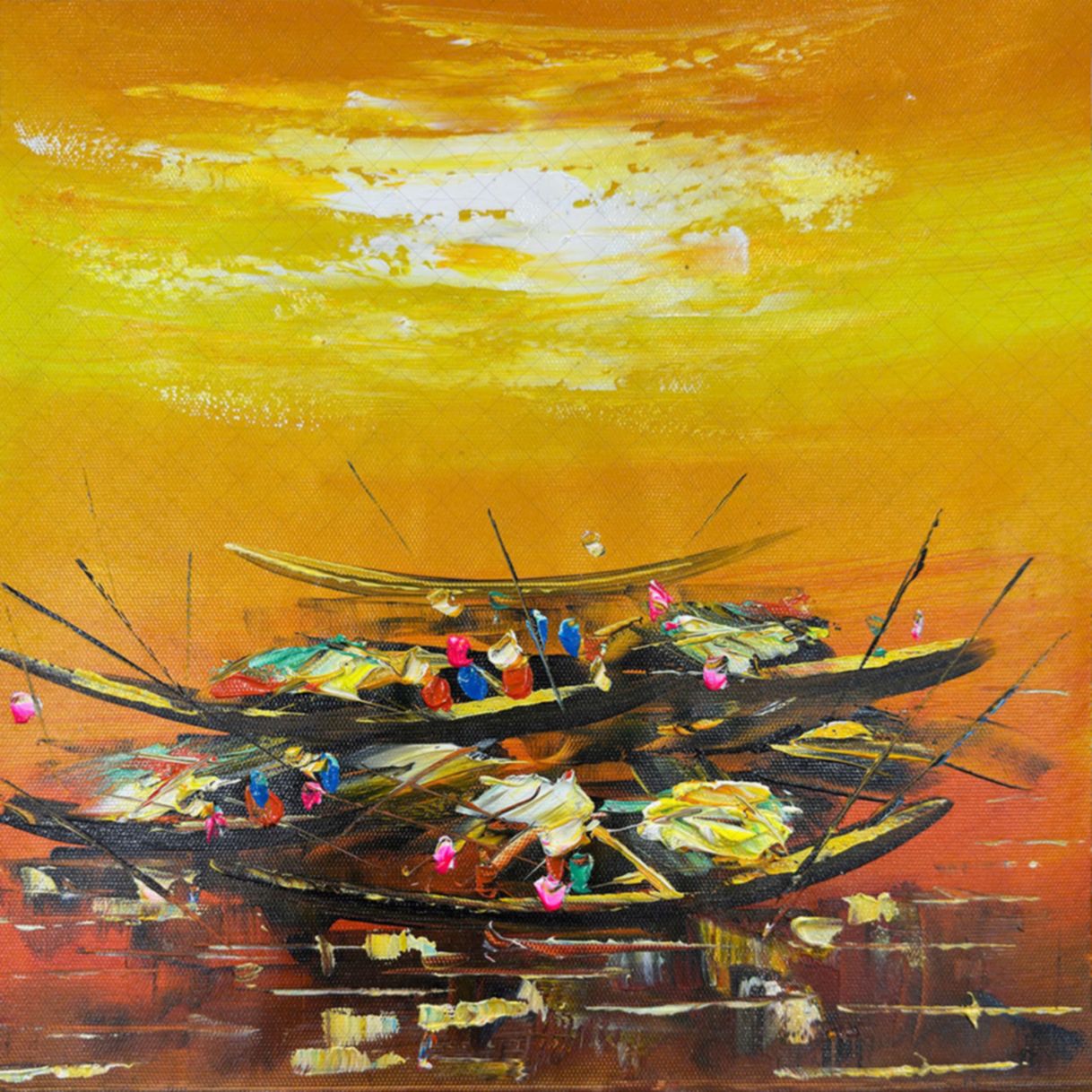 Tranh trừu tượng chợ chiều trên sông sơn dầu canvas khung composite 