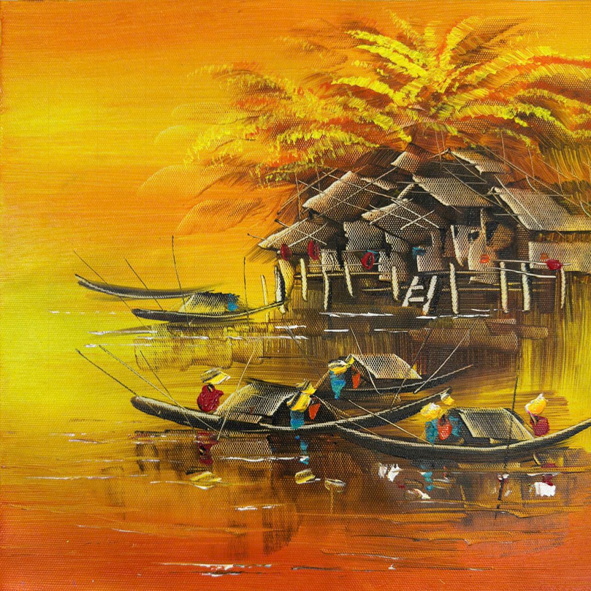 Tranh Sơn Dầu Chợ Nổi Trên Sông Canvas Khung Gỗ Cao Cấp 