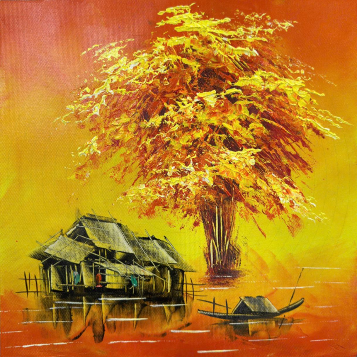Tranh Sơn Dầu Trừu Tượng Nhà Ven Sông Vải Canvas 100% Tay Vẽ 