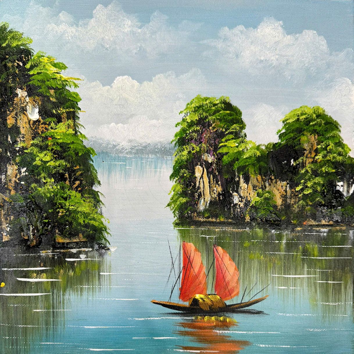Tranh sơn dầu Vịnh Hạ Long vẽ tay canvas khung đẹp 