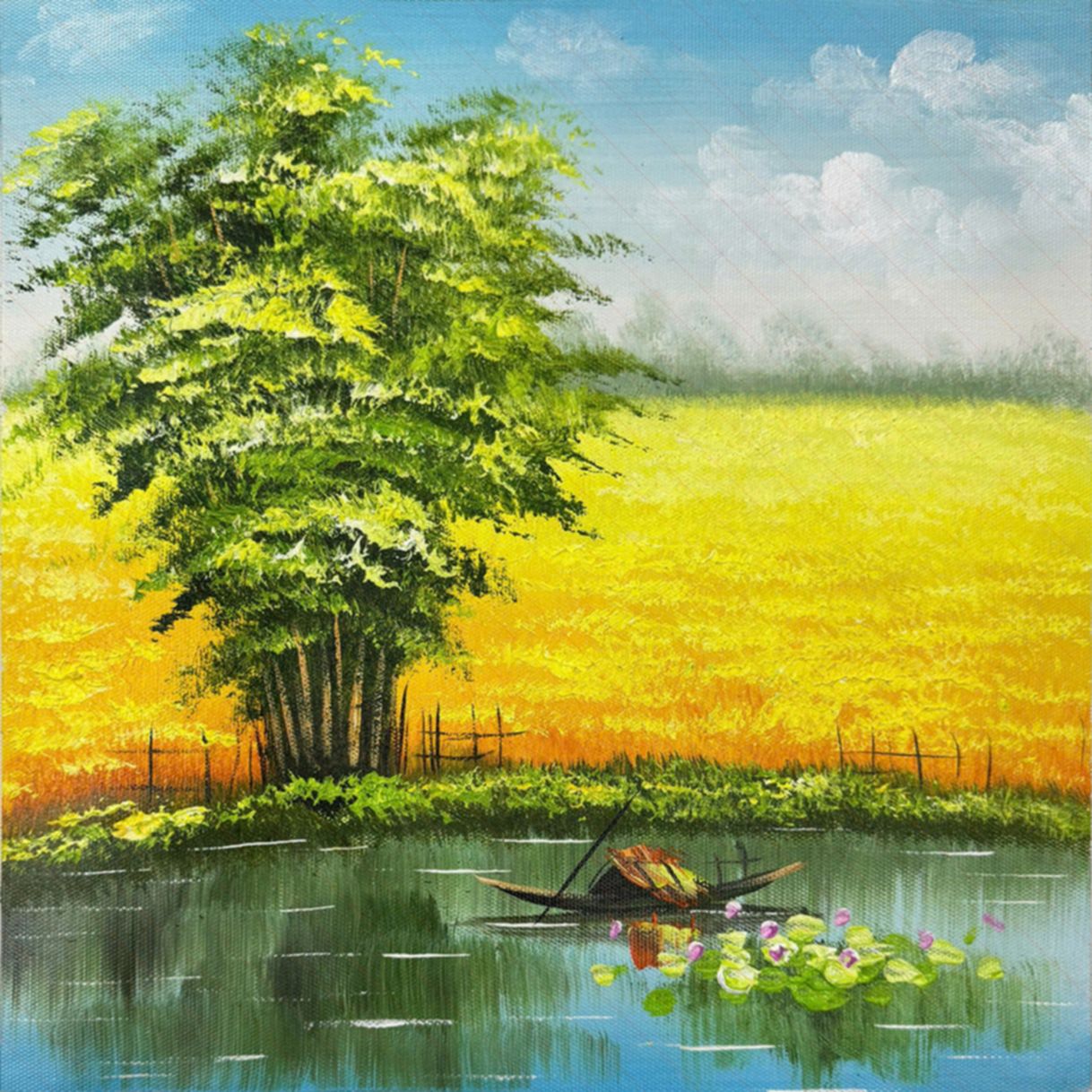 Tranh Sơn Dầu Cánh Đồng Vàng Canvas Tay Vẽ Sắc Nét 