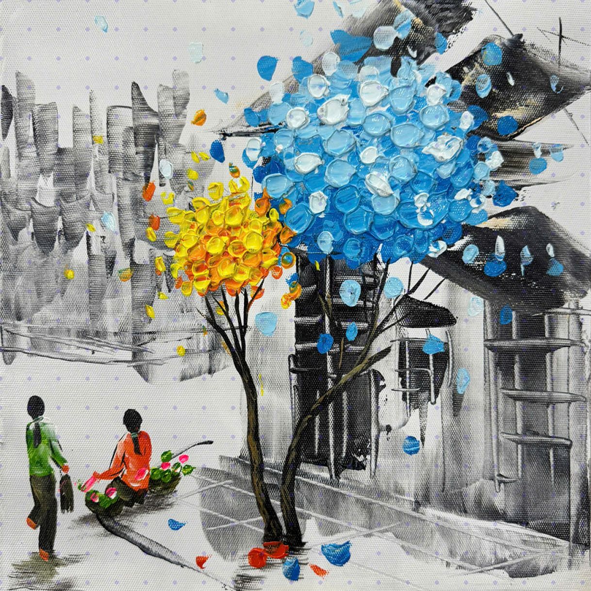 Tranh Sơn Dầu Trừu Tượng Bình Yên Góc Phố Canvas Khung Gỗ 