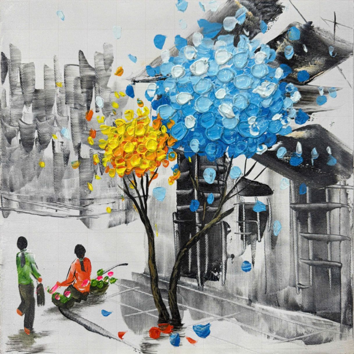 Tranh Sơn Dầu Trừu Tượng Phố Cũ Vẽ Tay Canvas Cao Cấp 
