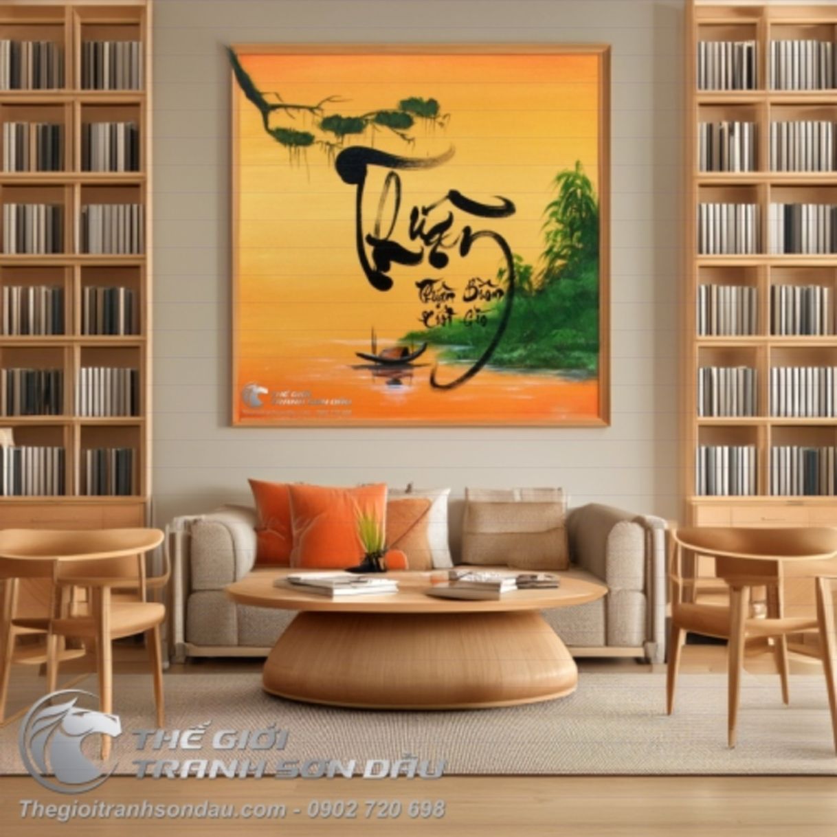 Tranh Thư Pháp Thuận Buồm Xuôi Gió Sơn Dầu Khung Sang 60x90cm 