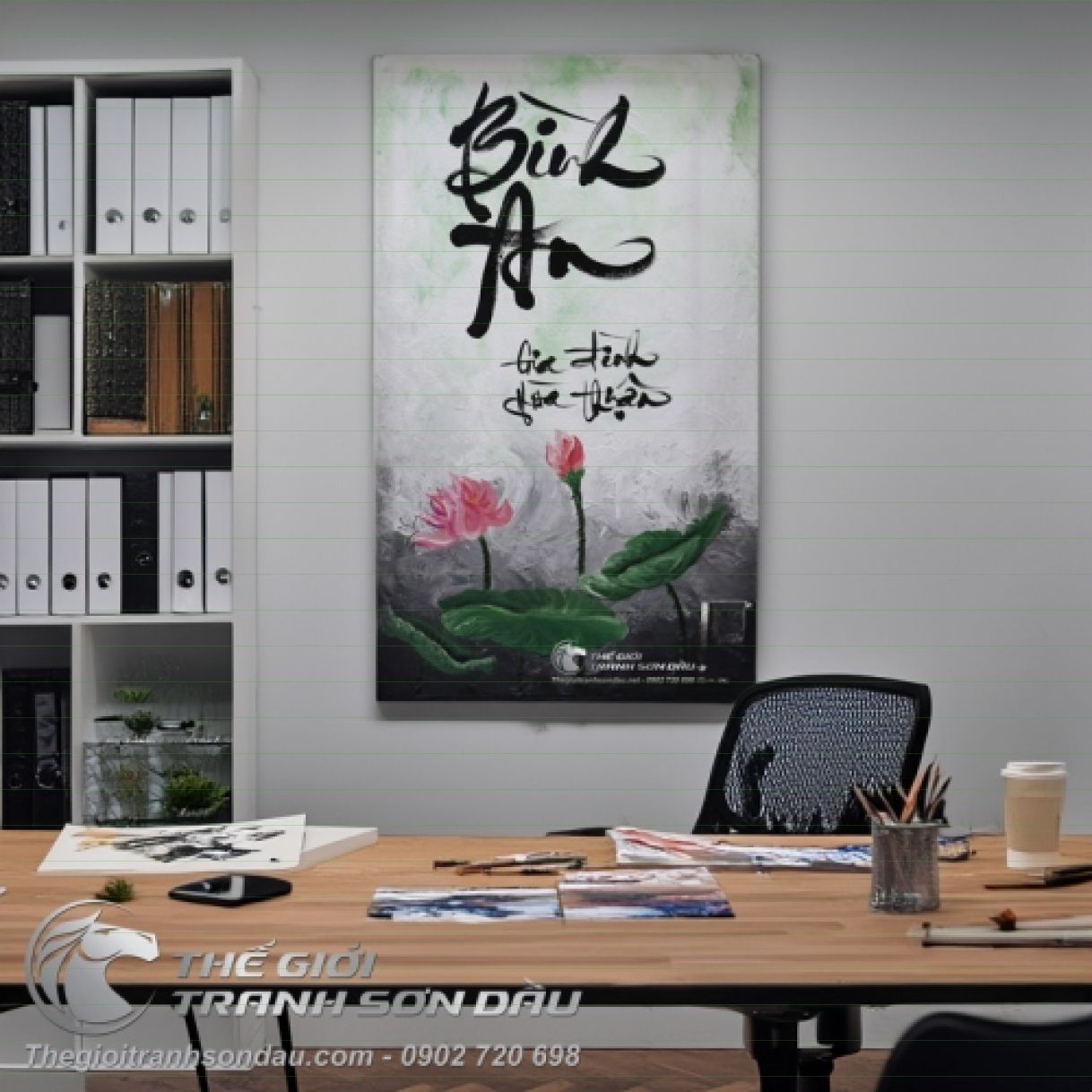 Tranh Sơn Dầu Viết Chữ Thư Pháp Bình An Đa Kích Thước Sang Trọng 