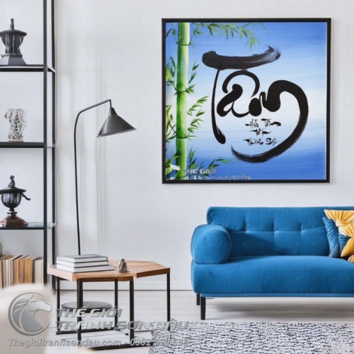 Tranh thư pháp chữ tâm nền xanh sơn dầu khung đa kích thước 