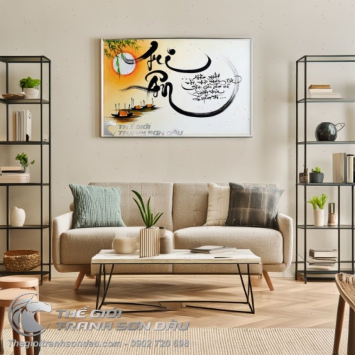 Tranh thư pháp tri ân chuyến đò sơn dầu phong cách 