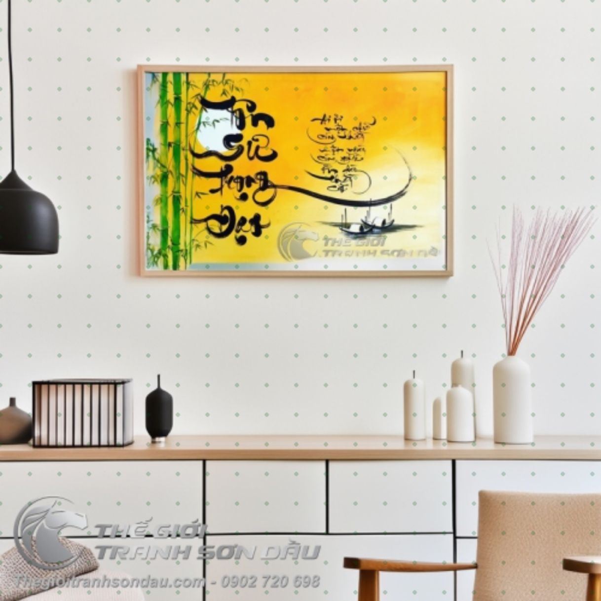 Tranh thư pháp Tôn Sư Trọng Đạo ánh trăng sơn dầu lớn 