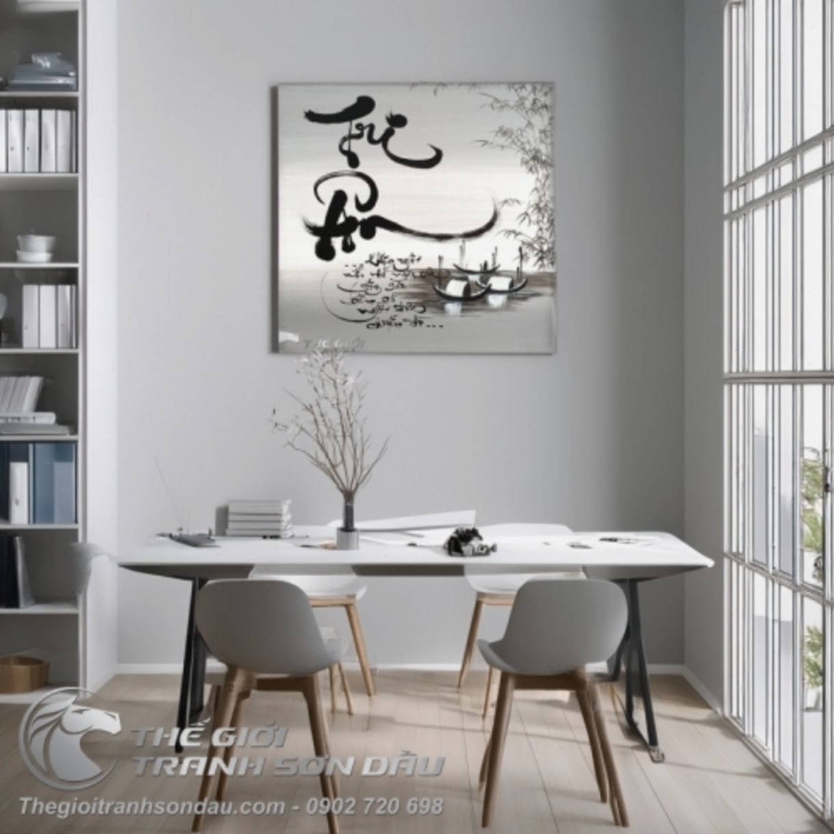 Tranh Thư Pháp Tri Ân Chuyến Đò Sơn Dầu 60x90cm Nghệ Thuật 