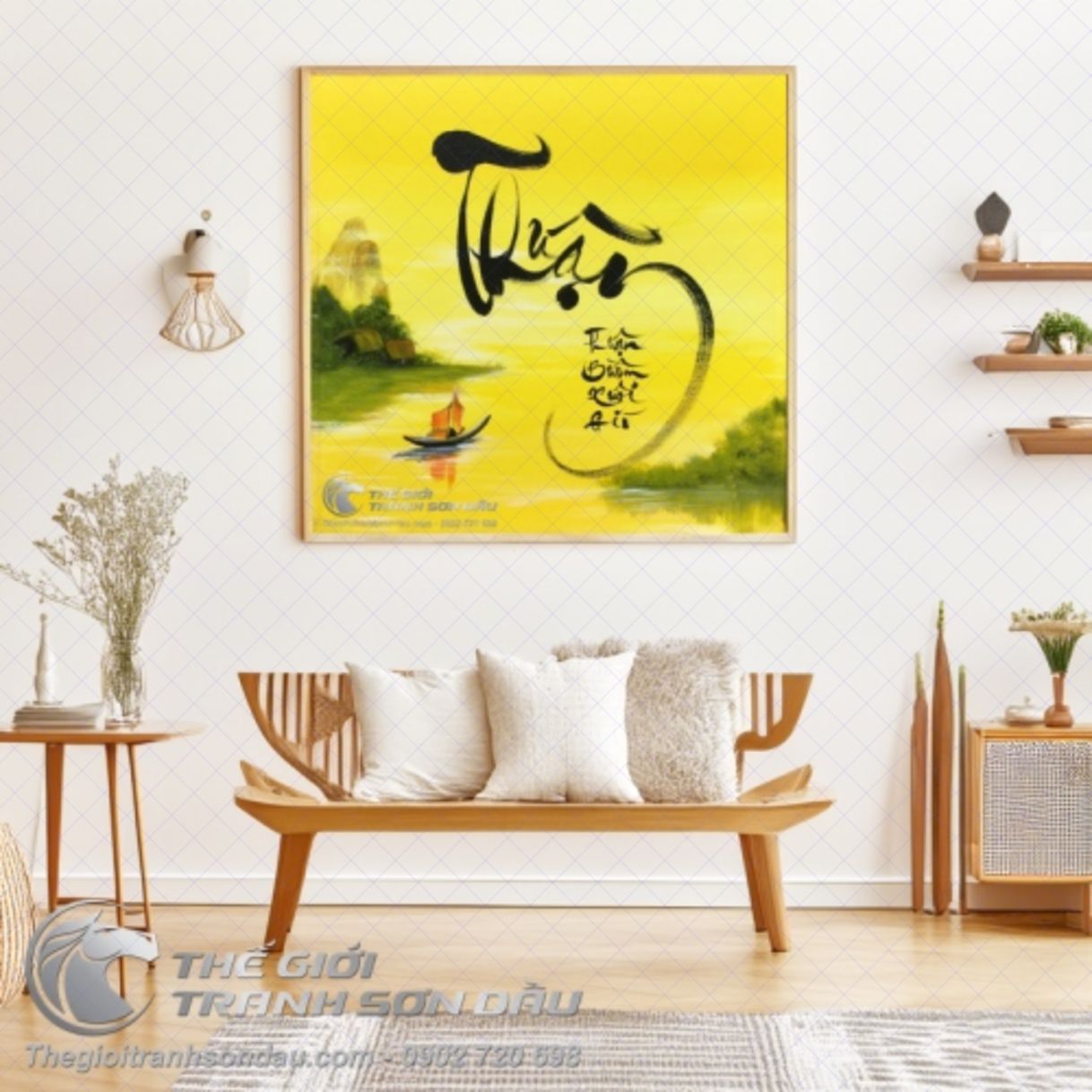 Tranh Thư Pháp Thuận Buồm Xuôi Gió Nền Vàng Sơn Dầu Đa Kích Thước 