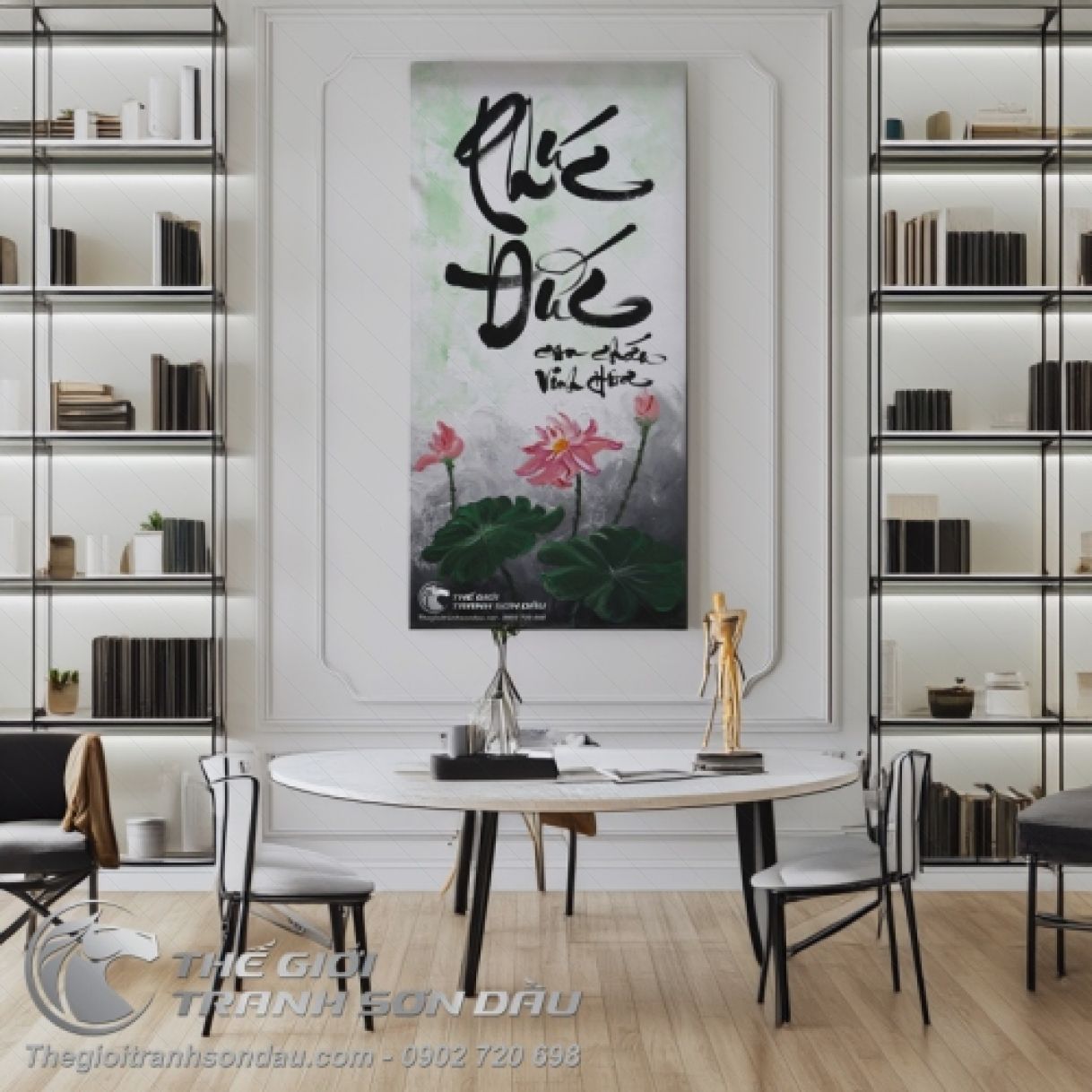 Tranh Sơn Dầu Thư Pháp Phúc Đức Và Hoa Sen 60x200cm Đẹp Sang Trọng 