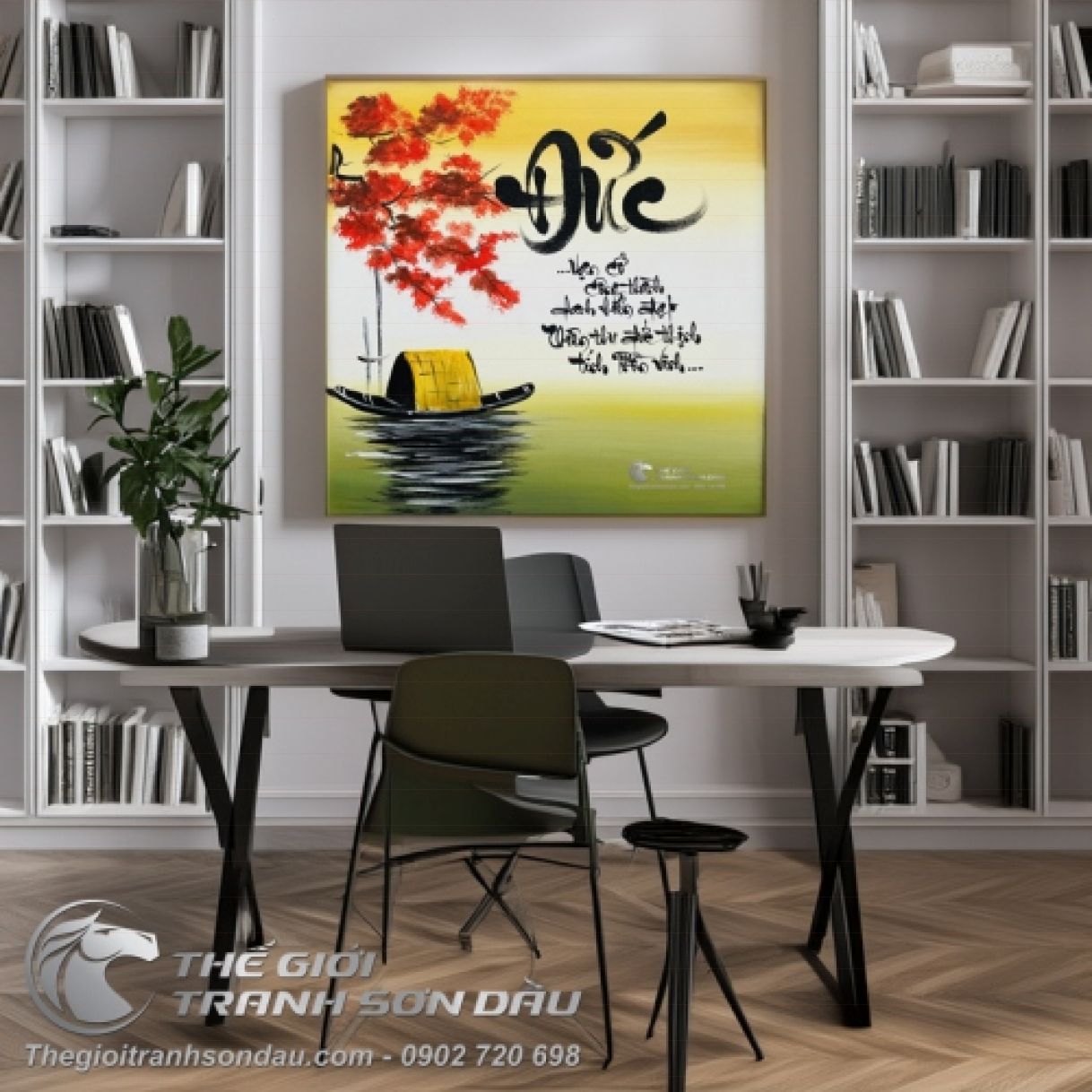 Tranh Sơn Dầu Chữ Đức Thư Pháp 50x50cm Sang Trọng 