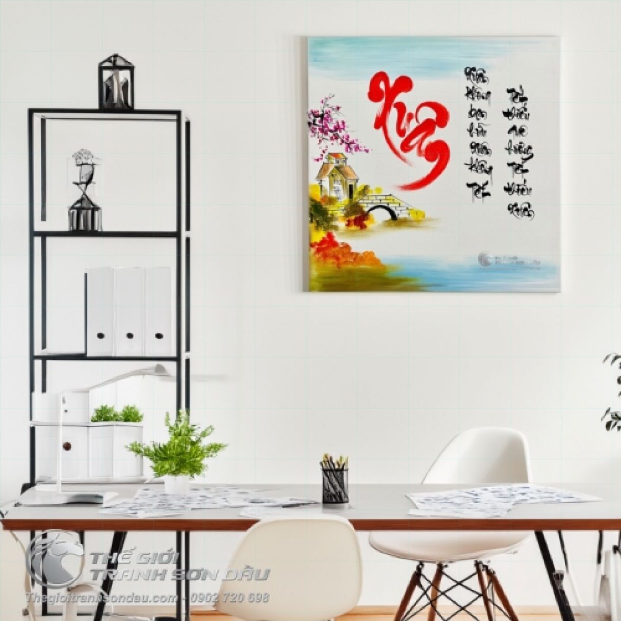 Tranh Thư Pháp Chữ Xuân Chào Đón Năm Mới Sơn Dầu 