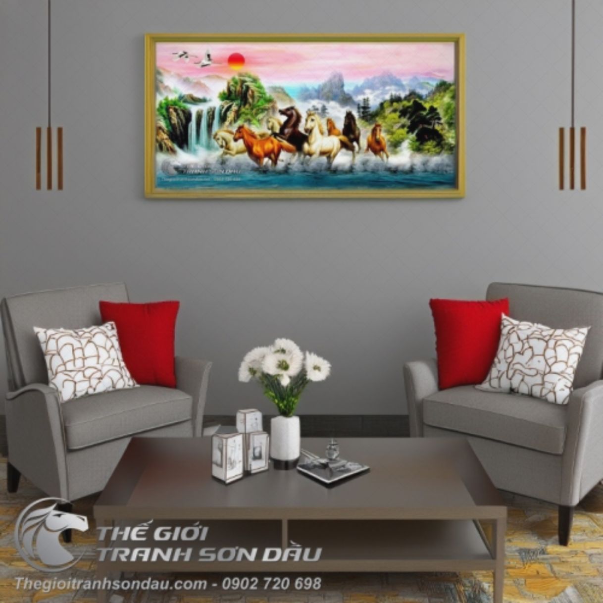 Tranh Sơn Dầu Mã Đáo Truy Phong Nền Sơn Thủy Đẹp 100x200cm 