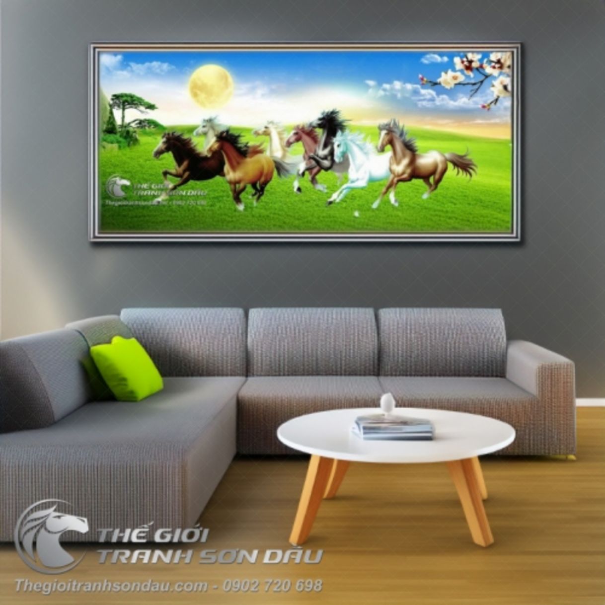 Tranh Sơn Dầu Bát Mã Phi Nước Đại Đồng Cỏ Xanh 80x180cm 