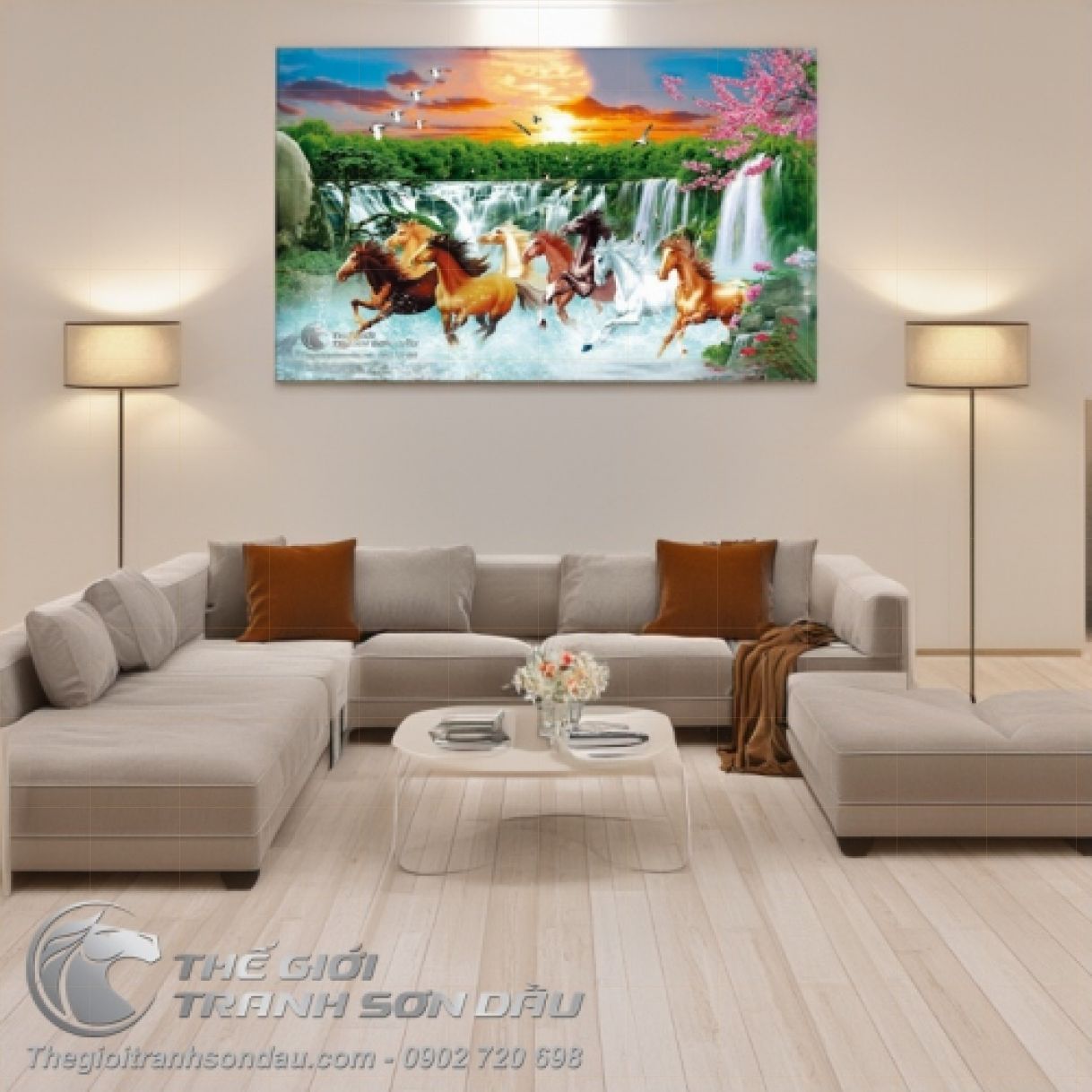 Tranh Bát Mã Ngao Du Rừng Xanh Thác Bạc Sơn Dầu 100x160cm 