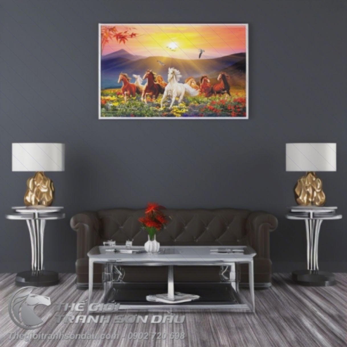 Tranh Bát Mã Truy Phong Sơn Dầu Đa Sắc 80x120cm 