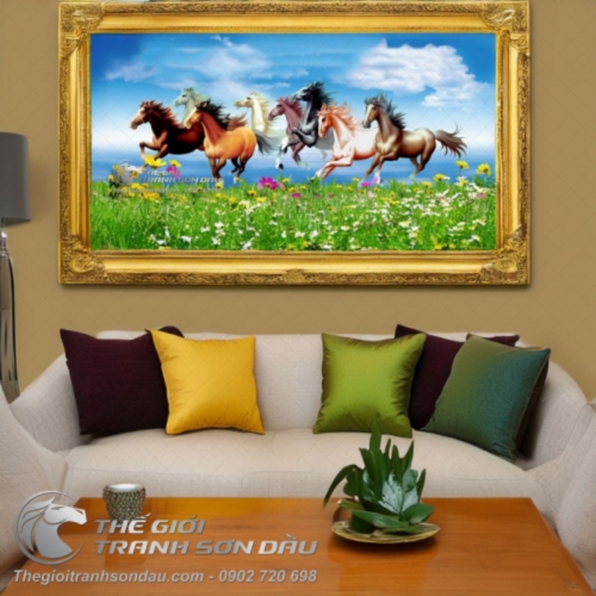 Tranh bát mã chạy trên đồng cỏ xanh sơn dầu đa sắc 80x160cm sang trọng 