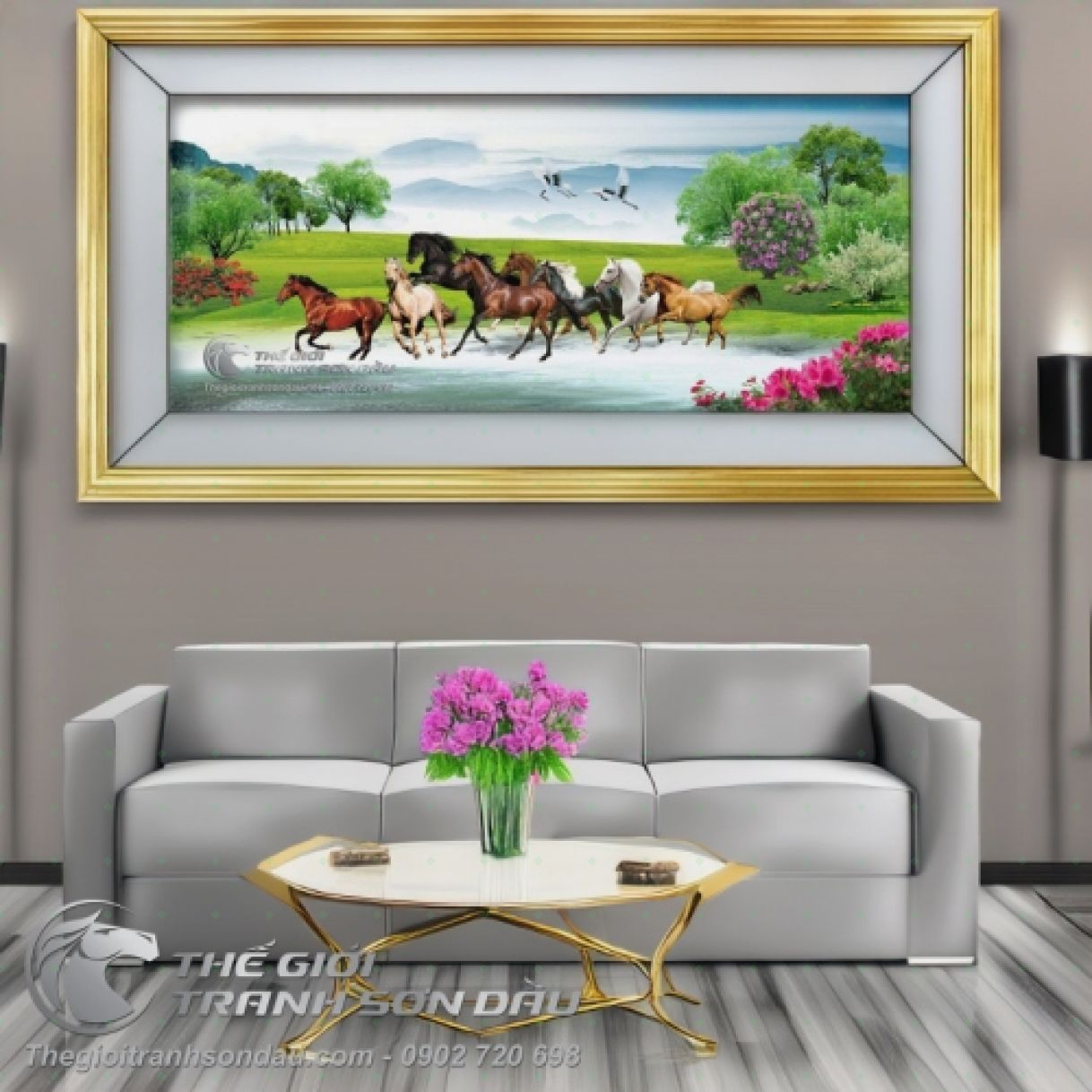 Tranh Bát Mã Phi Qua Hồ Nước Sơn Dầu 80x180cm 