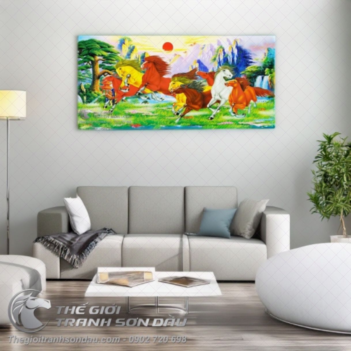 Tranh Sơn Dầu Bát Mã Phi Đồng Cỏ Đa Kích Thước Đẹp 