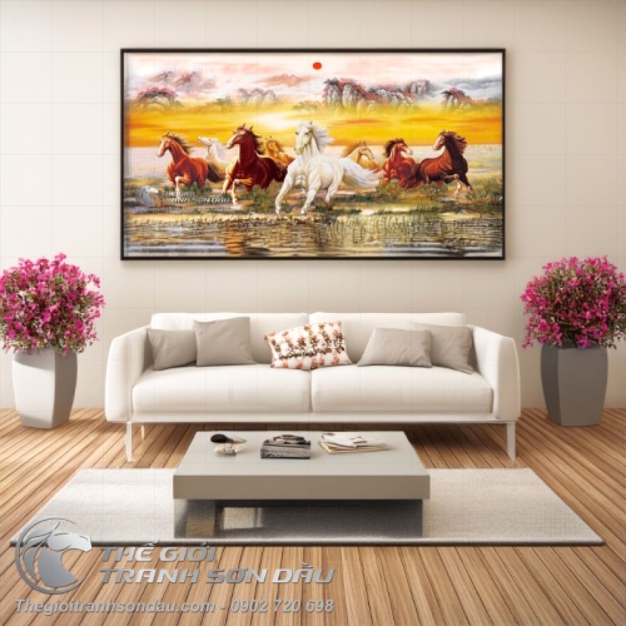 Tranh Bát Mã Truy Phong Sơn Dầu 100x200cm Phòng Khách Sang Trọng 