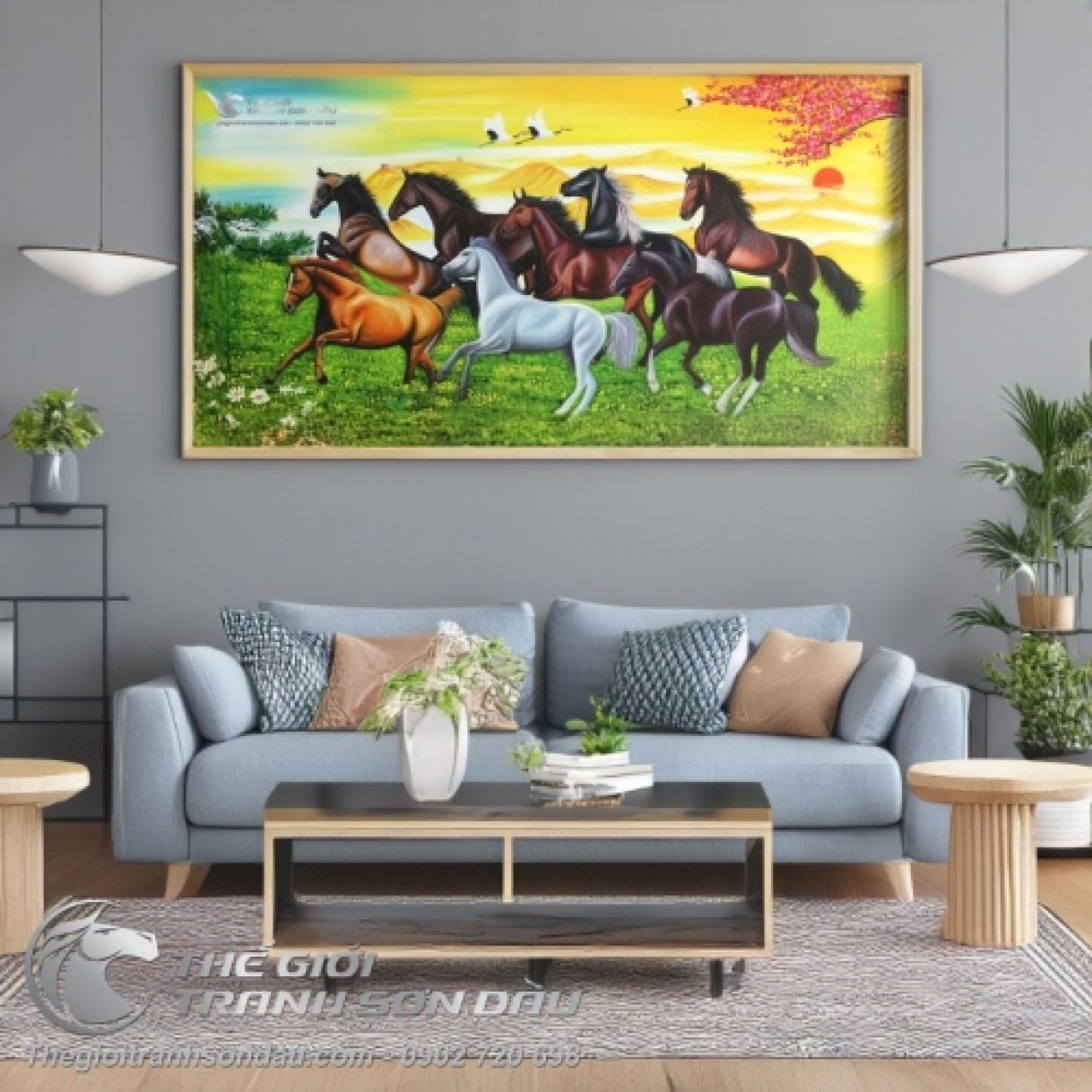 Tranh Sơn Dầu Phong Thủy Bát Mã Tặng Tân Gia 80x160cm Sang Trọng 