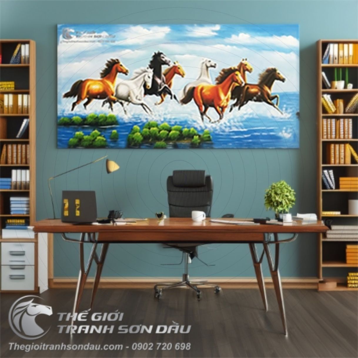 Tranh Sơn Dầu Mã Đáo Thành Công Ngựa Chạy Dưới Mây Xanh 60x120cm 